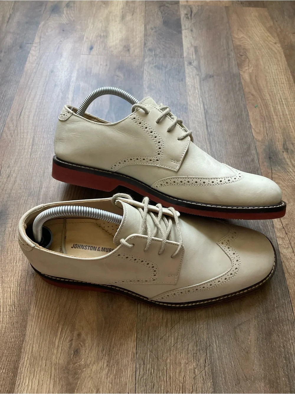 Johnston & Murphy Cream Wingtip Derby with Red-Brown Sole